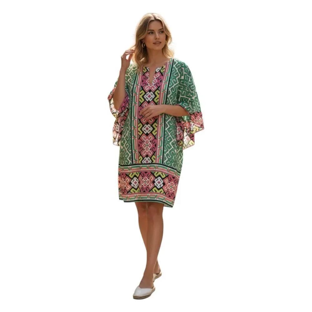 Crown & Ivy Size 4 Lattice Print Shift Dress Green Pink Geometric Multicolor